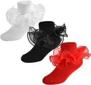 Baby Girls Cotton Double Lace Turn Cuff Socks with Big Ruffles for Infant Toddlers and Kids
