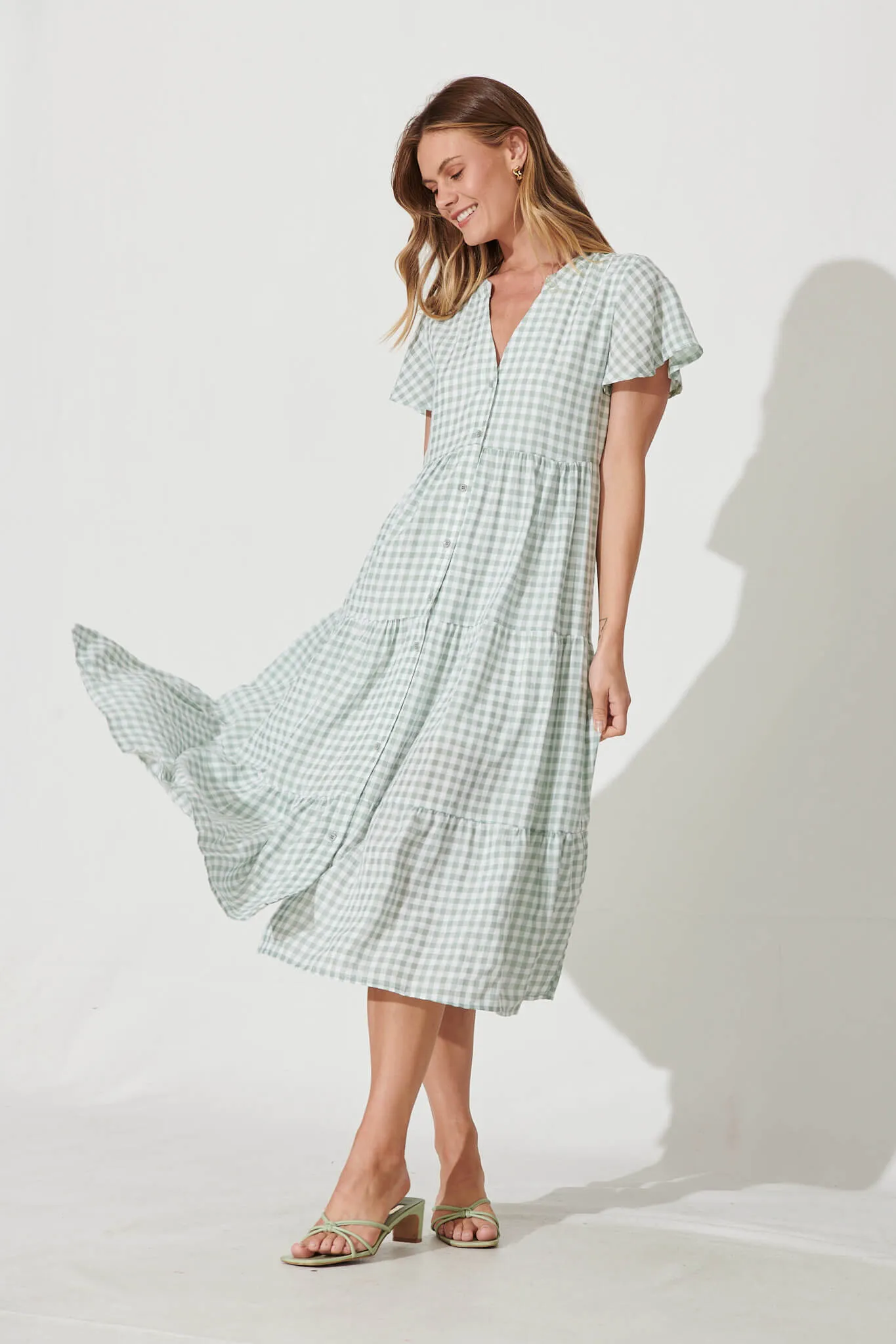 Bently Midi Dress In Green Gingham Check Cotton Blend