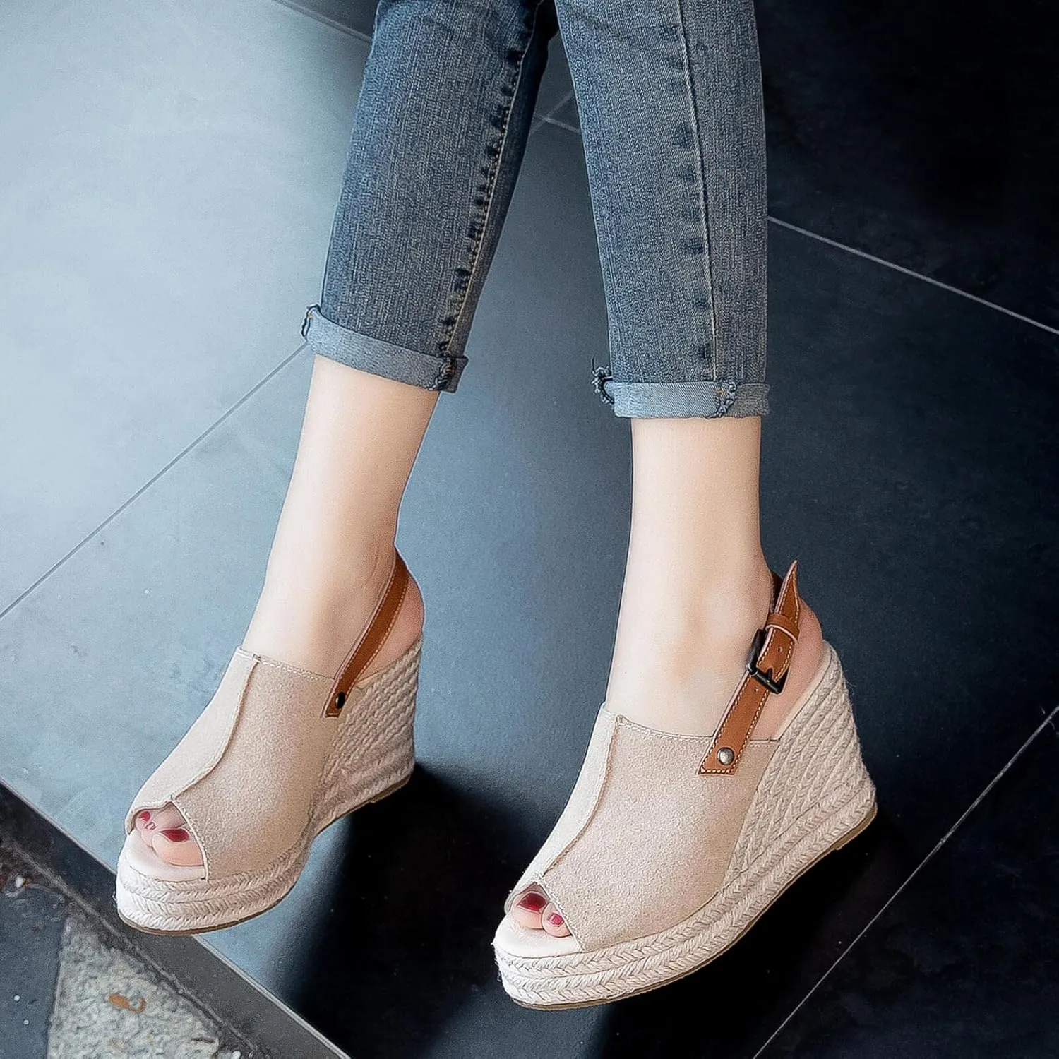 Espadrille Wedge Sandals for Women-Comfortable and Breathable Womens, Comfortable Fish Mouth Wedges, Can Be Worn with Shopping, Dresses, Jeans, Shorts