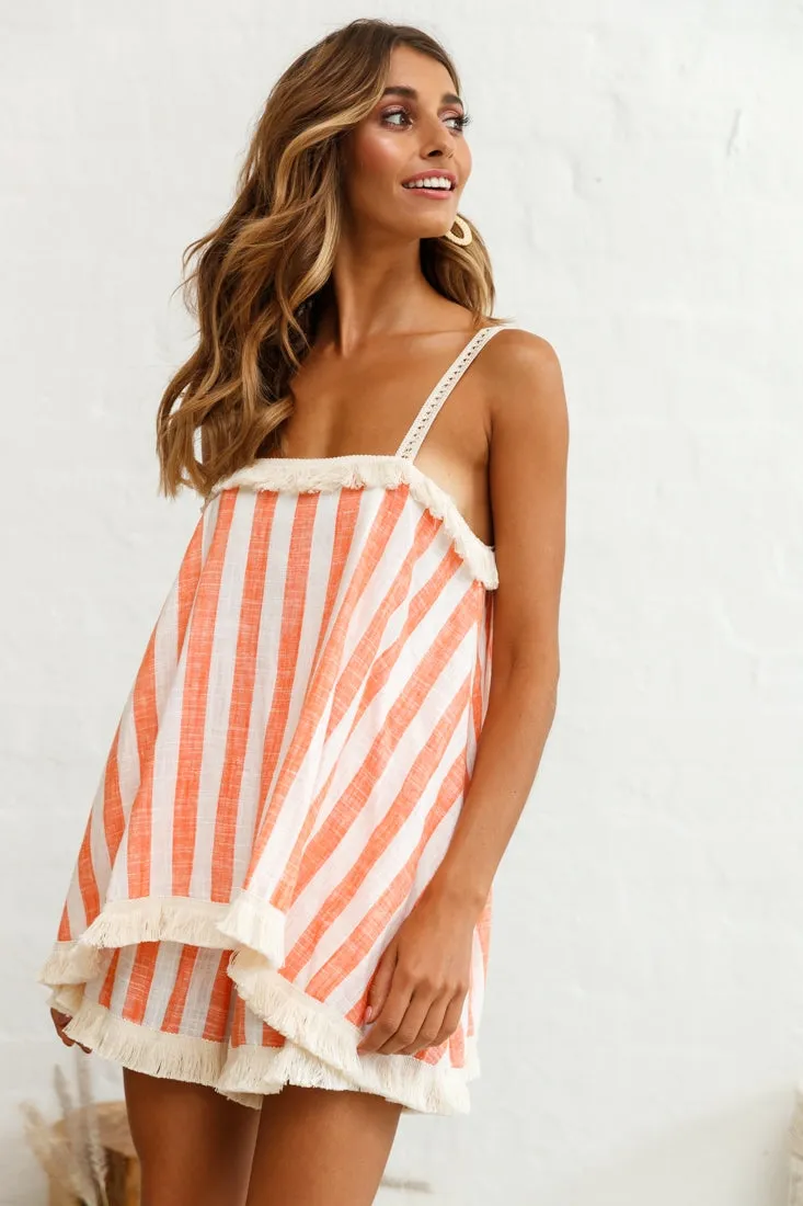 Garnet Tiered Fringe Trim Romper Stripe Print Orange