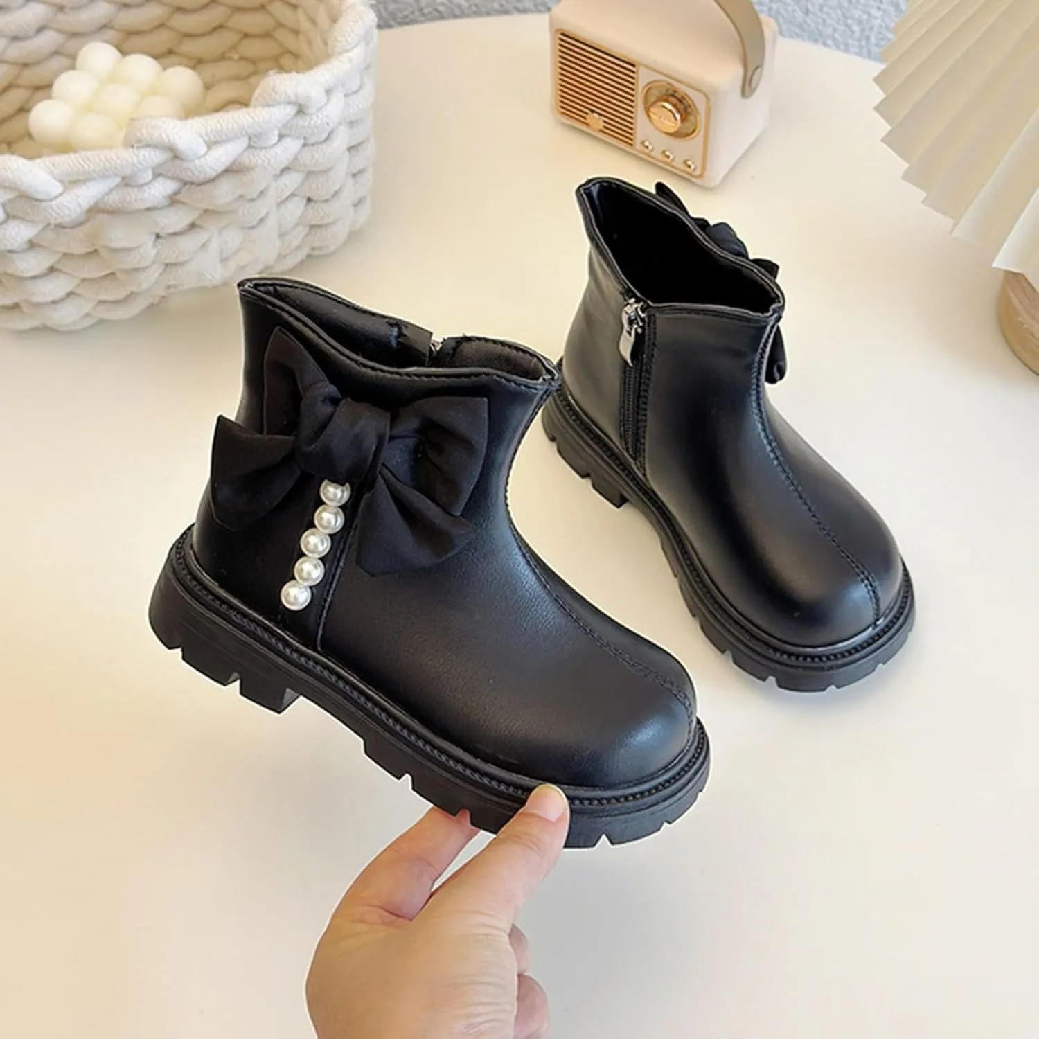 Kids Girls Pearl Bowknot Dress Boots Soft Sole Anti Slip Fashion Cute Birthday Wedding Shoes Booths for Kids