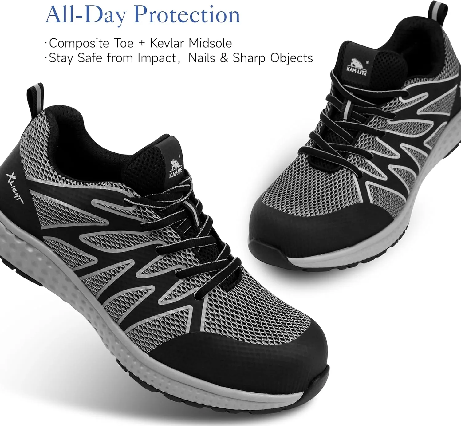 Lightweight Safety Sneakers for Men Women, Breathable Composite Toe Work Shoes, Anti-Puncture Kevlar Midsole, Slip Resistant, Cushioned Sole, Reflective, for Warehouse and Construction Use
