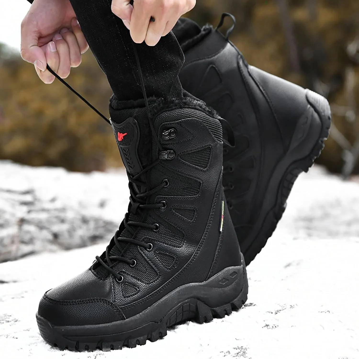Men's Snow Boots Warm Fur Lined Mid Calf Winter Boots Lace Up Water Resistant Anti Slip Outdoor Lightweight Casual Climbing Shoes Hiking Shoes Work Trekking Boot