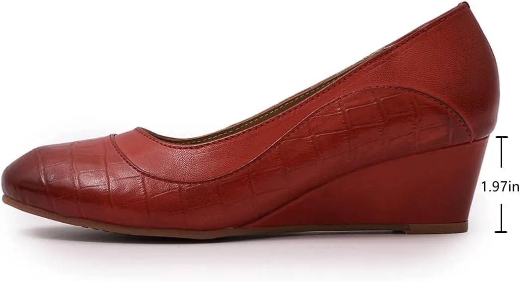 Mona flying Women's Leather Closed Toe 2 Inch Mid Wedges Heels with Arch Support Round Toe Comfortable Dress Pumps for Women Ladies