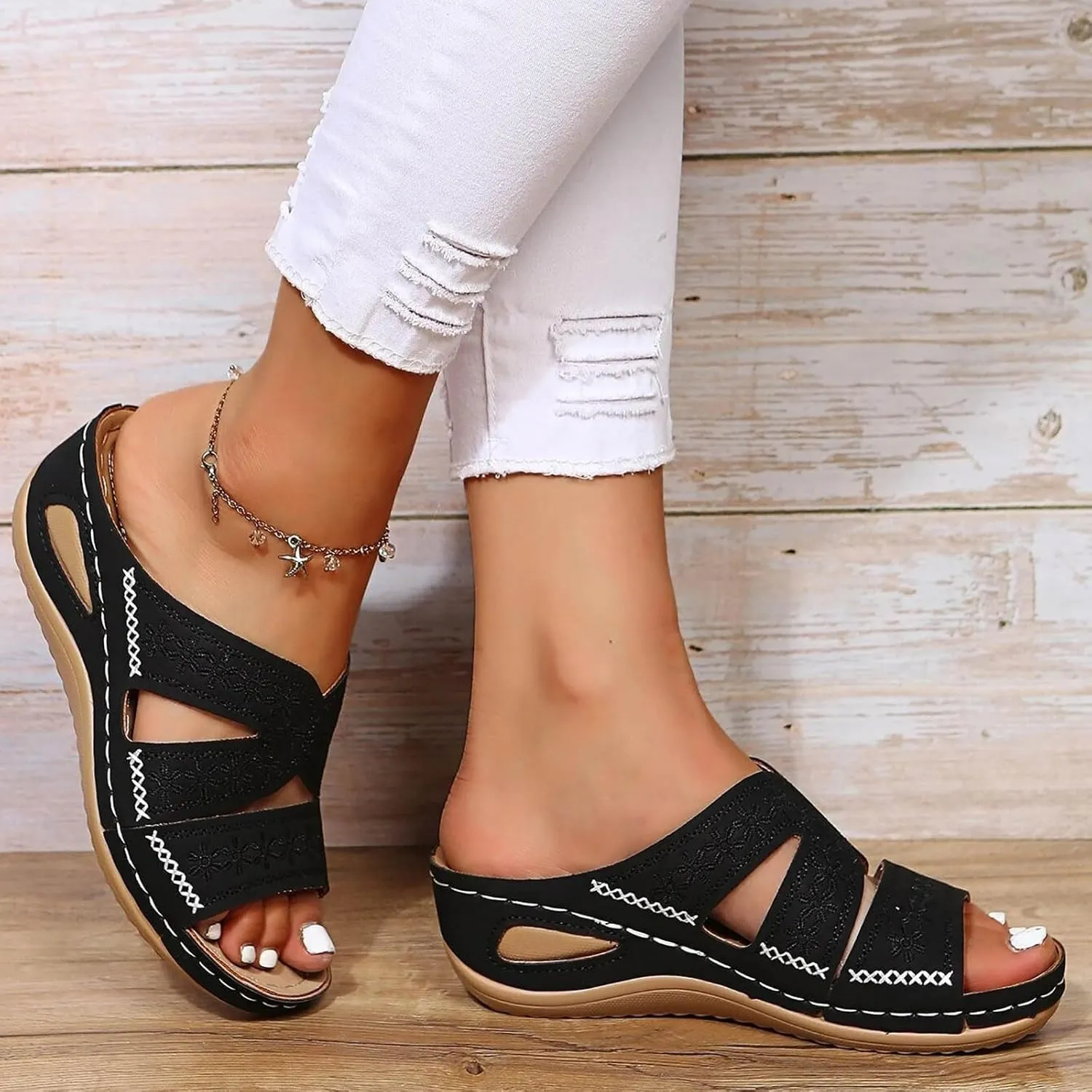 Orthopedic Sandals for Women 2025 Summer Comfortable Embroidered Beach Sandal Wedge Arch Support Slippers Slides