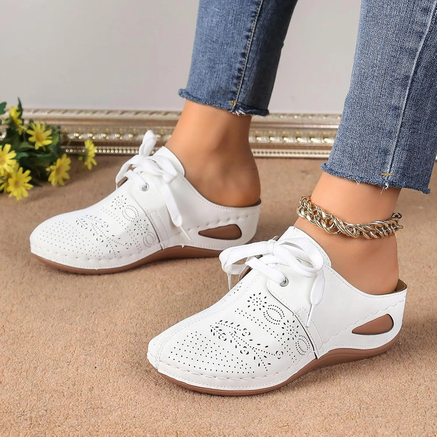 Orthopedic Wedge Sandals for Women Wide Width with Arch Support Summer Dressy Closed Toe Lace Up Hollow Our Breathable Sandals Boho Casual High Wedges Walking Strappy Footwear