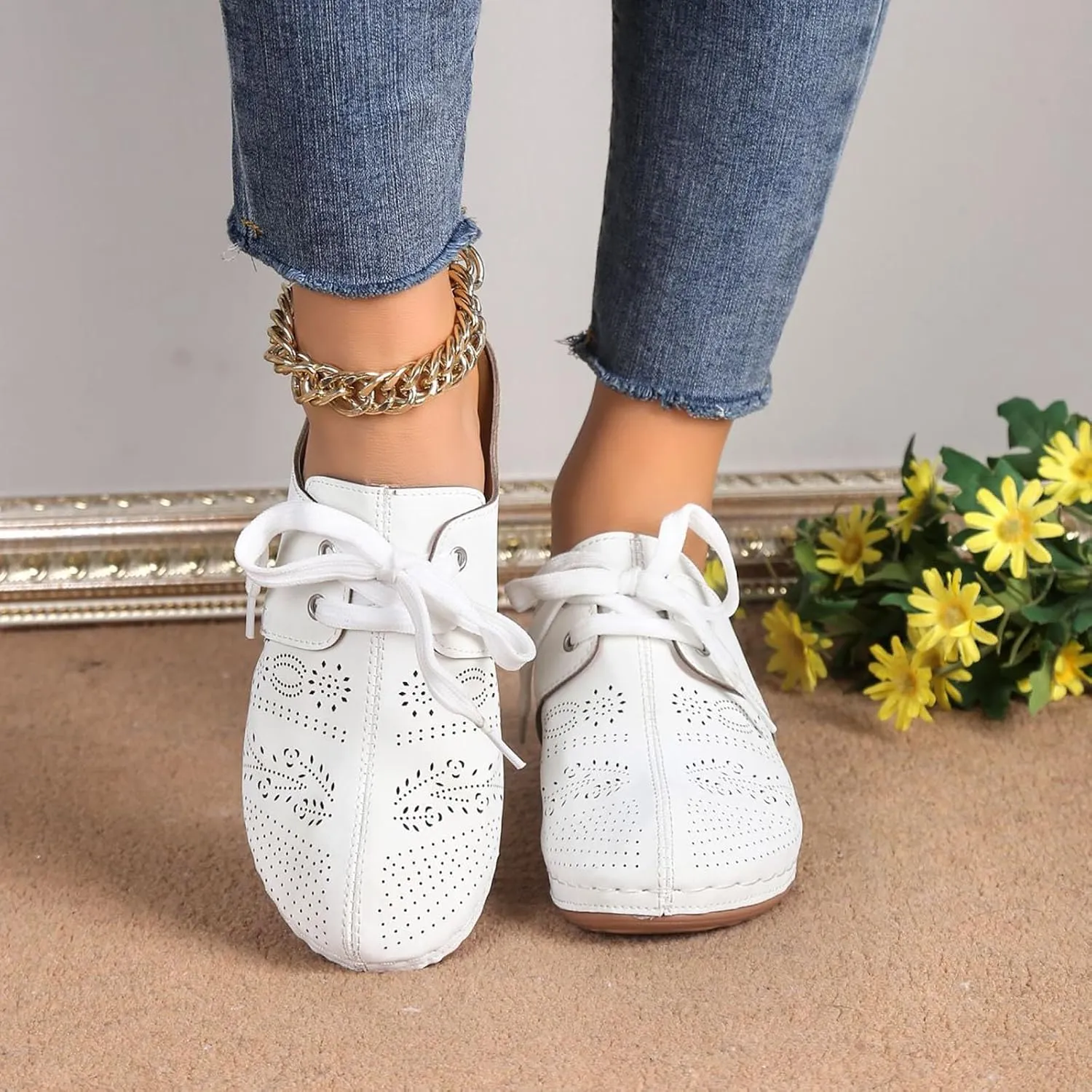 Orthopedic Wedge Sandals for Women Wide Width with Arch Support Summer Dressy Closed Toe Lace Up Hollow Our Breathable Sandals Boho Casual High Wedges Walking Strappy Footwear