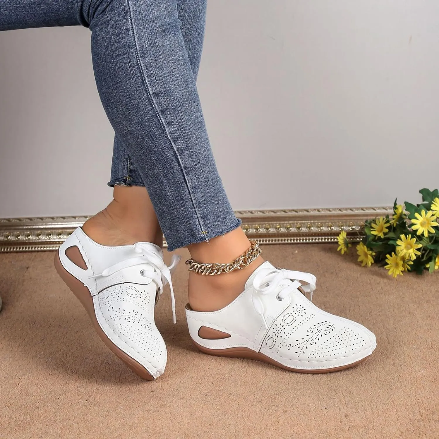 Orthopedic Wedge Sandals for Women Wide Width with Arch Support Summer Dressy Closed Toe Lace Up Hollow Our Breathable Sandals Boho Casual High Wedges Walking Strappy Footwear