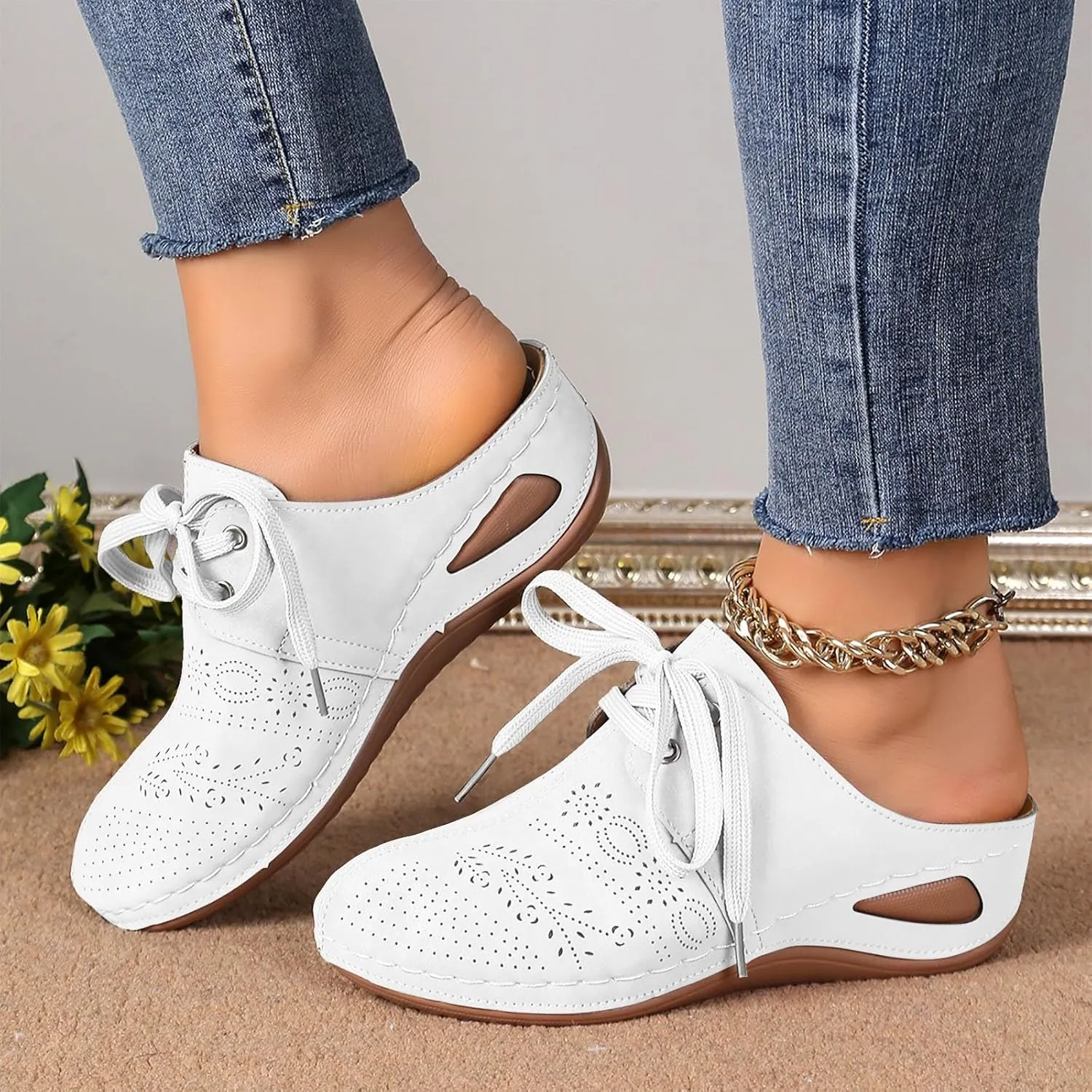 Orthopedic Wedge Sandals for Women Wide Width with Arch Support Summer Dressy Closed Toe Lace Up Hollow Our Breathable Sandals Boho Casual High Wedges Walking Strappy Footwear