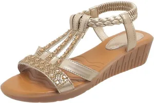 Orthotic Sandals for Women Rhinestones Sparkly T-Strap Bohemia Sandals Open Toe Slip On Shoes Low Arch Support Beach Shoes Summer Comfortable Vacation Footwear