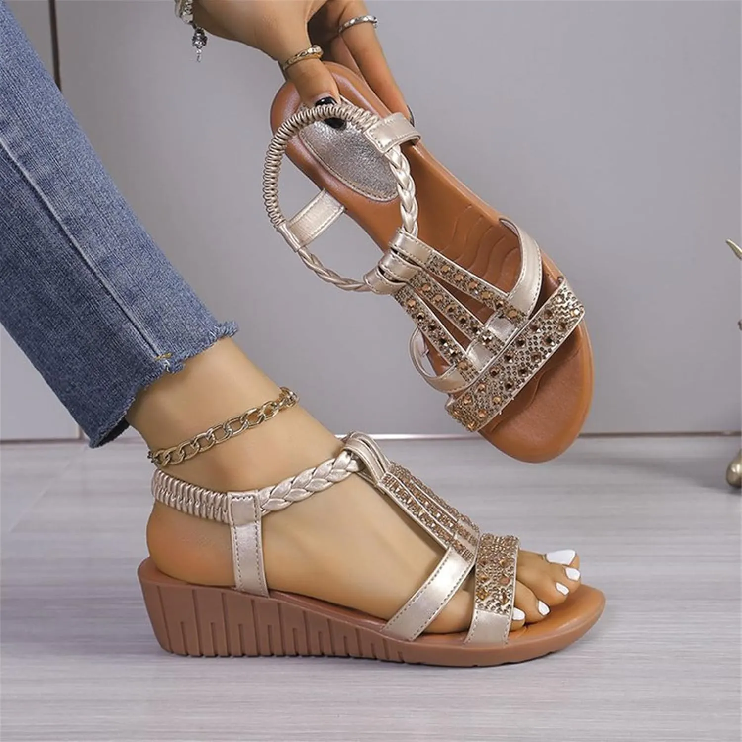 Orthotic Sandals for Women Rhinestones Sparkly T-Strap Bohemia Sandals Open Toe Slip On Shoes Low Arch Support Beach Shoes Summer Comfortable Vacation Footwear