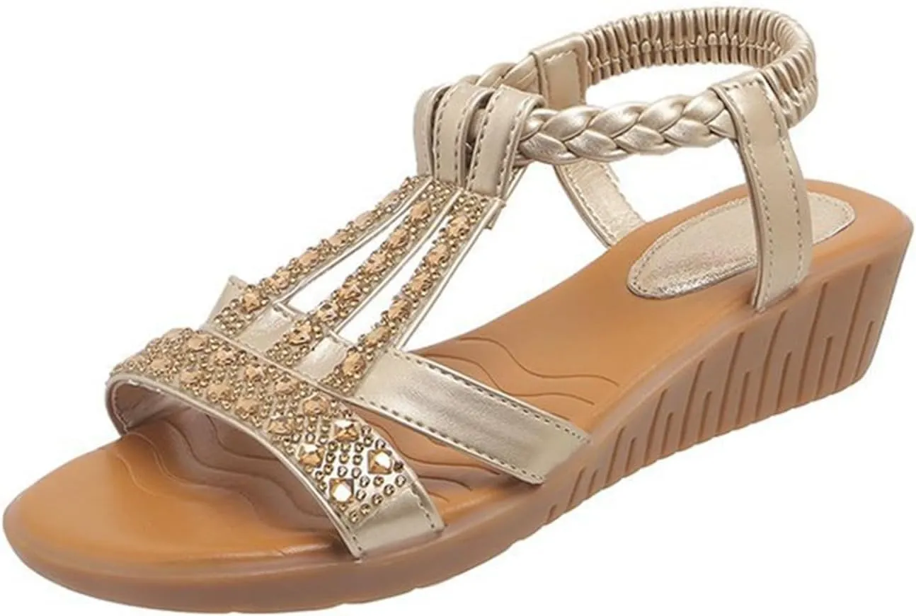 Orthotic Sandals for Women Rhinestones Sparkly T-Strap Bohemia Sandals Open Toe Slip On Shoes Low Arch Support Beach Shoes Summer Comfortable Vacation Footwear
