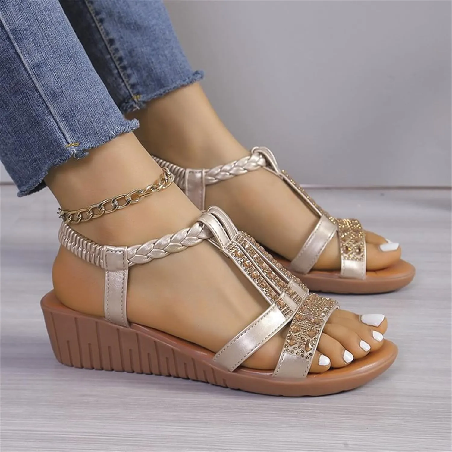 Orthotic Sandals for Women Rhinestones Sparkly T-Strap Bohemia Sandals Open Toe Slip On Shoes Low Arch Support Beach Shoes Summer Comfortable Vacation Footwear