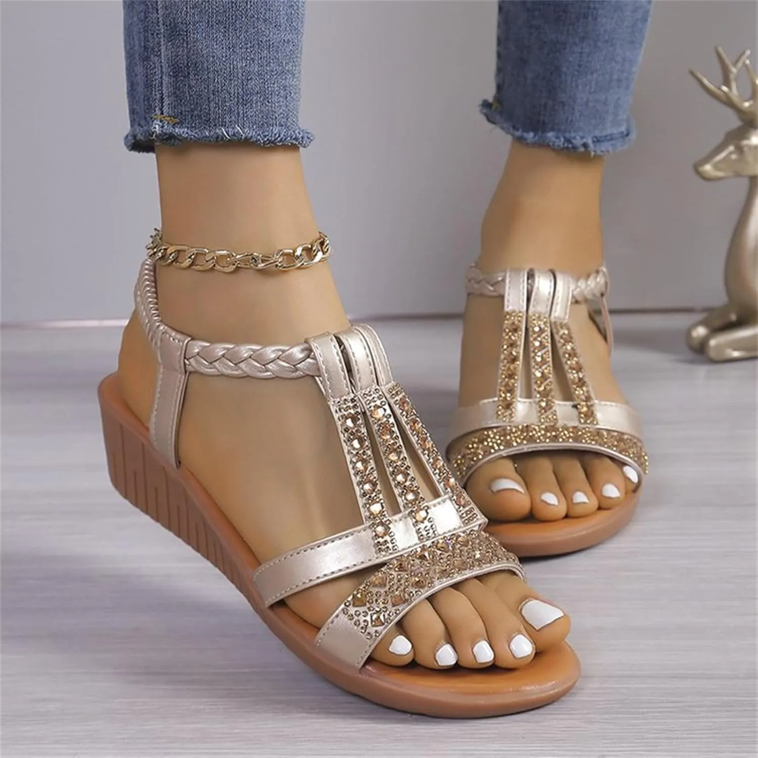 Orthotic Sandals for Women Rhinestones Sparkly T-Strap Bohemia Sandals Open Toe Slip On Shoes Low Arch Support Beach Shoes Summer Comfortable Vacation Footwear