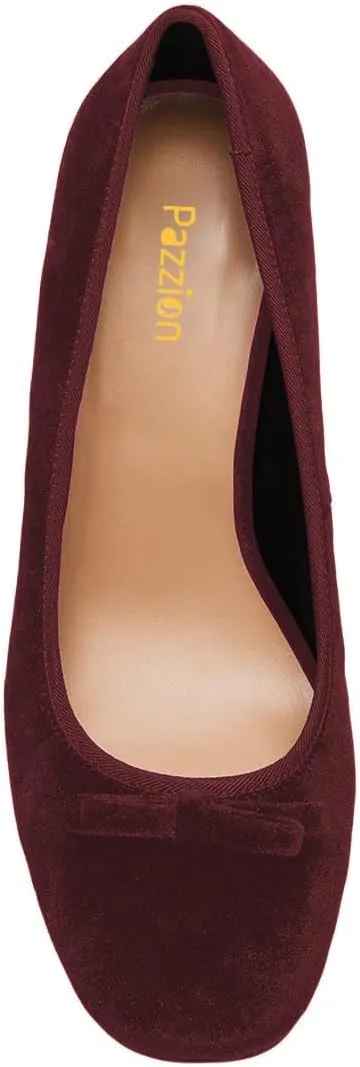 Pazzion Women Chic Round Closed Toe Pumps Velvet Double Bows Chunky High Heel Slip On Ladies Shoes for Daily Leisure Outdoor Size 4-16 US