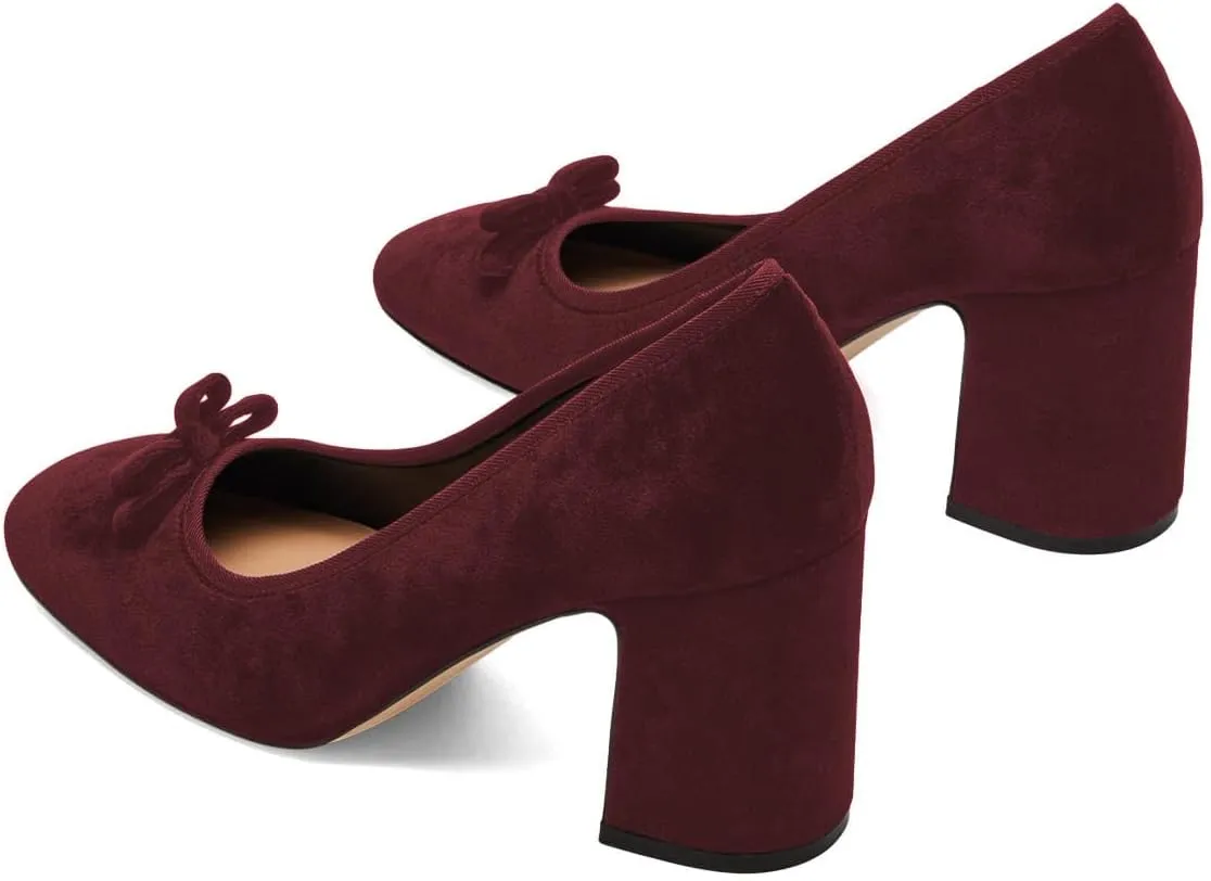 Pazzion Women Chic Round Closed Toe Pumps Velvet Double Bows Chunky High Heel Slip On Ladies Shoes for Daily Leisure Outdoor Size 4-16 US