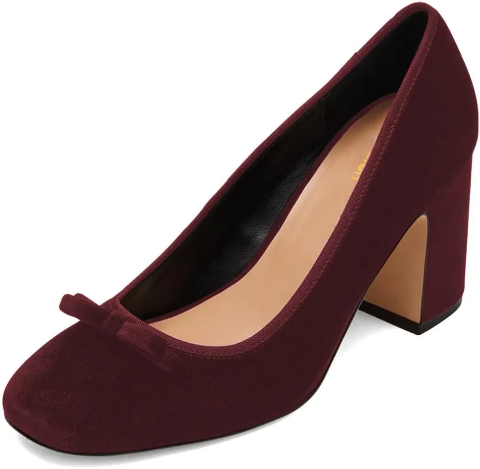 Pazzion Women Chic Round Closed Toe Pumps Velvet Double Bows Chunky High Heel Slip On Ladies Shoes for Daily Leisure Outdoor Size 4-16 US