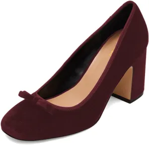 Pazzion Women Chic Round Closed Toe Pumps Velvet Double Bows Chunky High Heel Slip On Ladies Shoes for Daily Leisure Outdoor Size 4-16 US