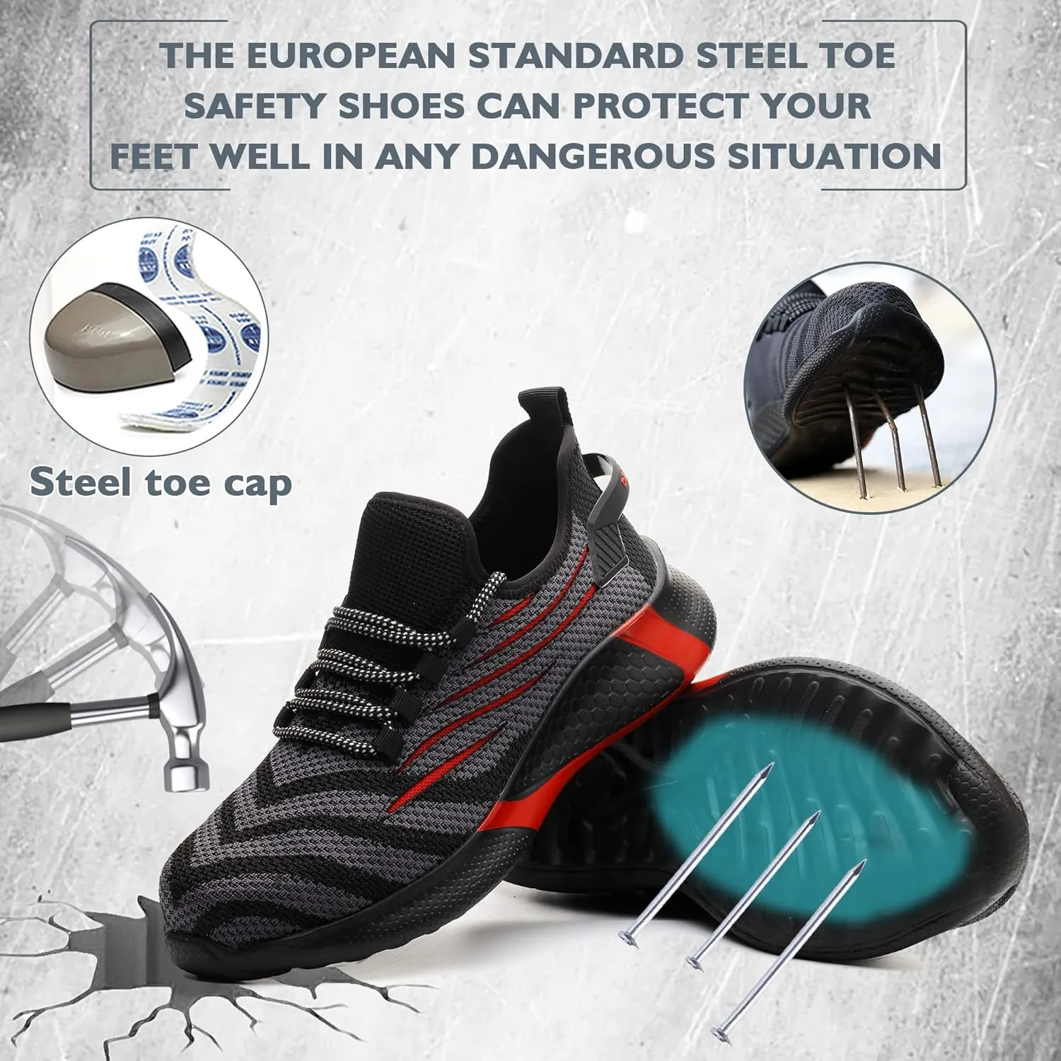 Safety Shoes Steel Toe Shoes for Men Women Breathable Safety Work Sneakers Lightweight Comfortable Proof Slip Resistant Fashion Sneakers Air Cushion Construction Industrial Shoes