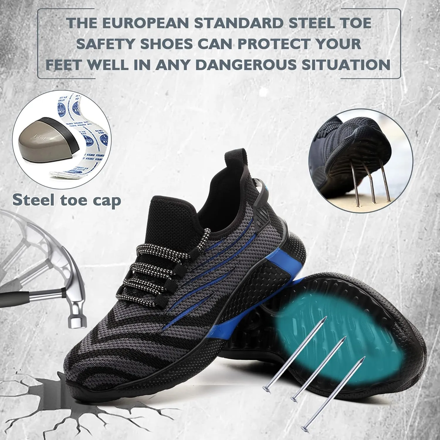Safety Shoes Steel Toe Shoes for Men Women Breathable Safety Work Sneakers Lightweight Comfortable Proof Slip Resistant Fashion Sneakers Air Cushion Construction Industrial Shoes