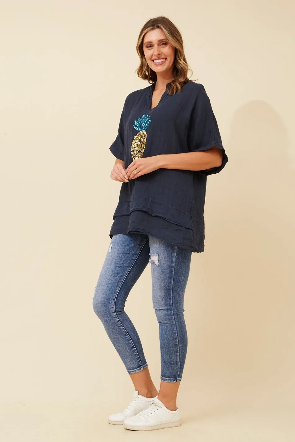 SANTINA PINEAPPLE SEQUIN LINEN TOP