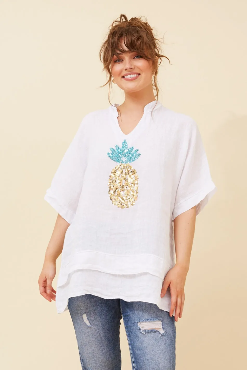 SANTINA PINEAPPLE SEQUIN LINEN TOP