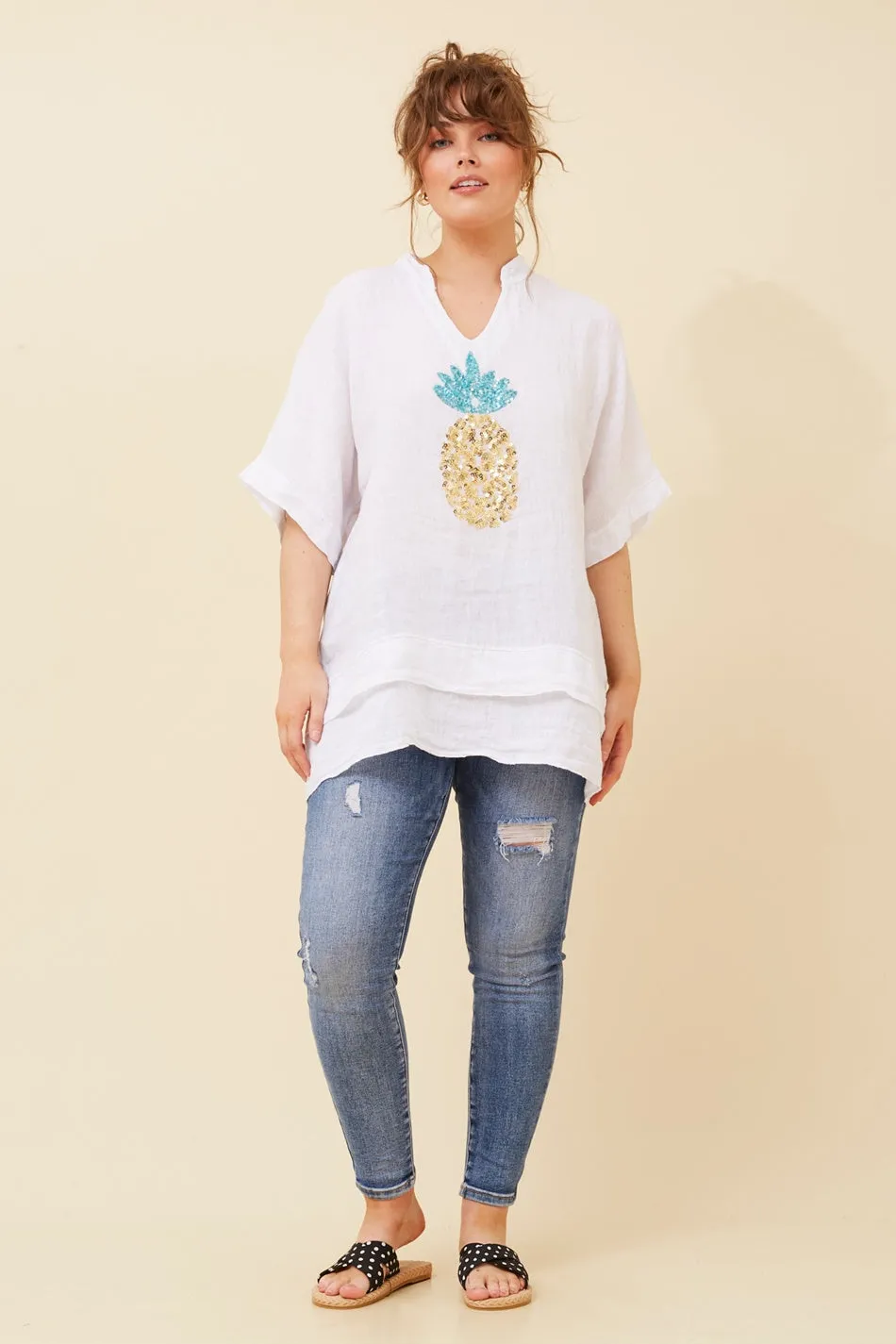 SANTINA PINEAPPLE SEQUIN LINEN TOP