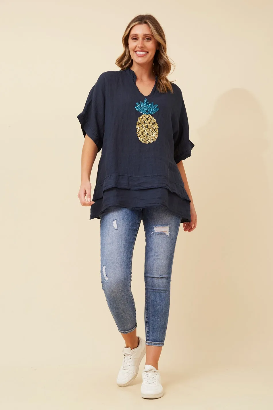 SANTINA PINEAPPLE SEQUIN LINEN TOP