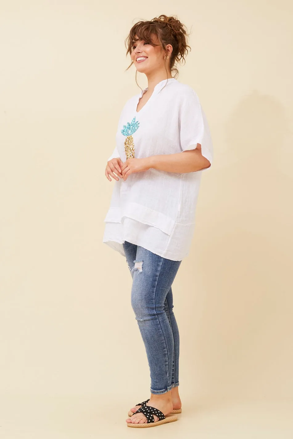 SANTINA PINEAPPLE SEQUIN LINEN TOP