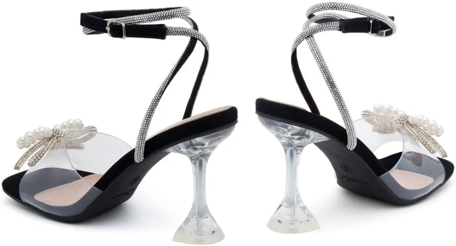 Shoe Land Womens Clear Rhinestone Bow Heels  Double Bowknot & Adjustable Ankle Strap | Crystal Stiletto High Heels with Square Open Toe for Wedding & Party
