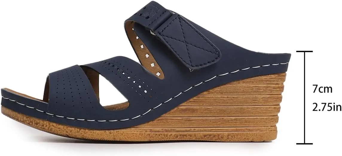 Slippers for Women Cork Heeled Platform Wedges Sandals Leather Open Toe Non Slip Slippers Cut-Out Vacation Breathable Mules Summer Fashion Orthopedic Sandals