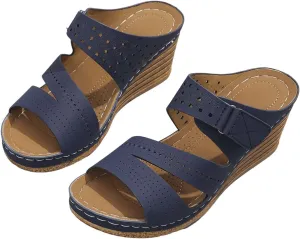Slippers for Women Cork Heeled Platform Wedges Sandals Leather Open Toe Non Slip Slippers Cut-Out Vacation Breathable Mules Summer Fashion Orthopedic Sandals