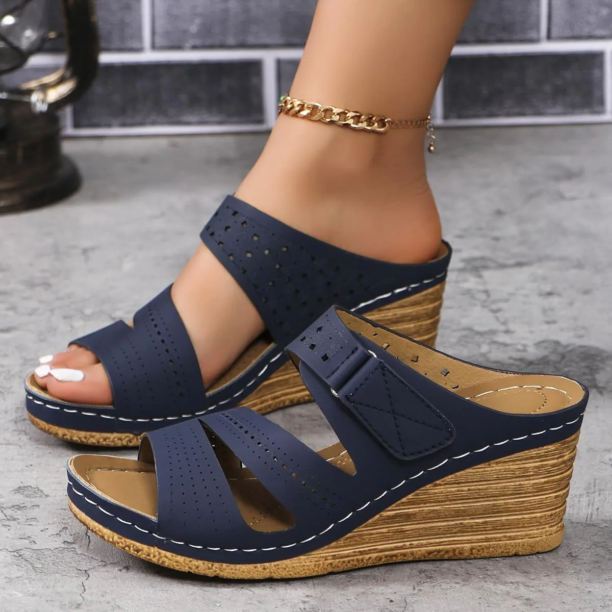 Slippers for Women Cork Heeled Platform Wedges Sandals Leather Open Toe Non Slip Slippers Cut-Out Vacation Breathable Mules Summer Fashion Orthopedic Sandals