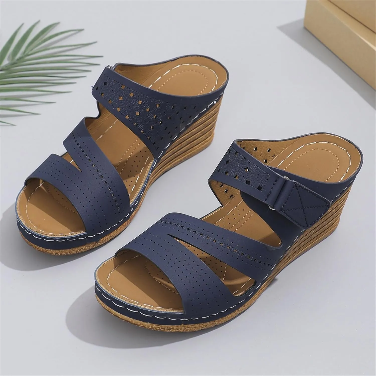 Slippers for Women Cork Heeled Platform Wedges Sandals Leather Open Toe Non Slip Slippers Cut-Out Vacation Breathable Mules Summer Fashion Orthopedic Sandals