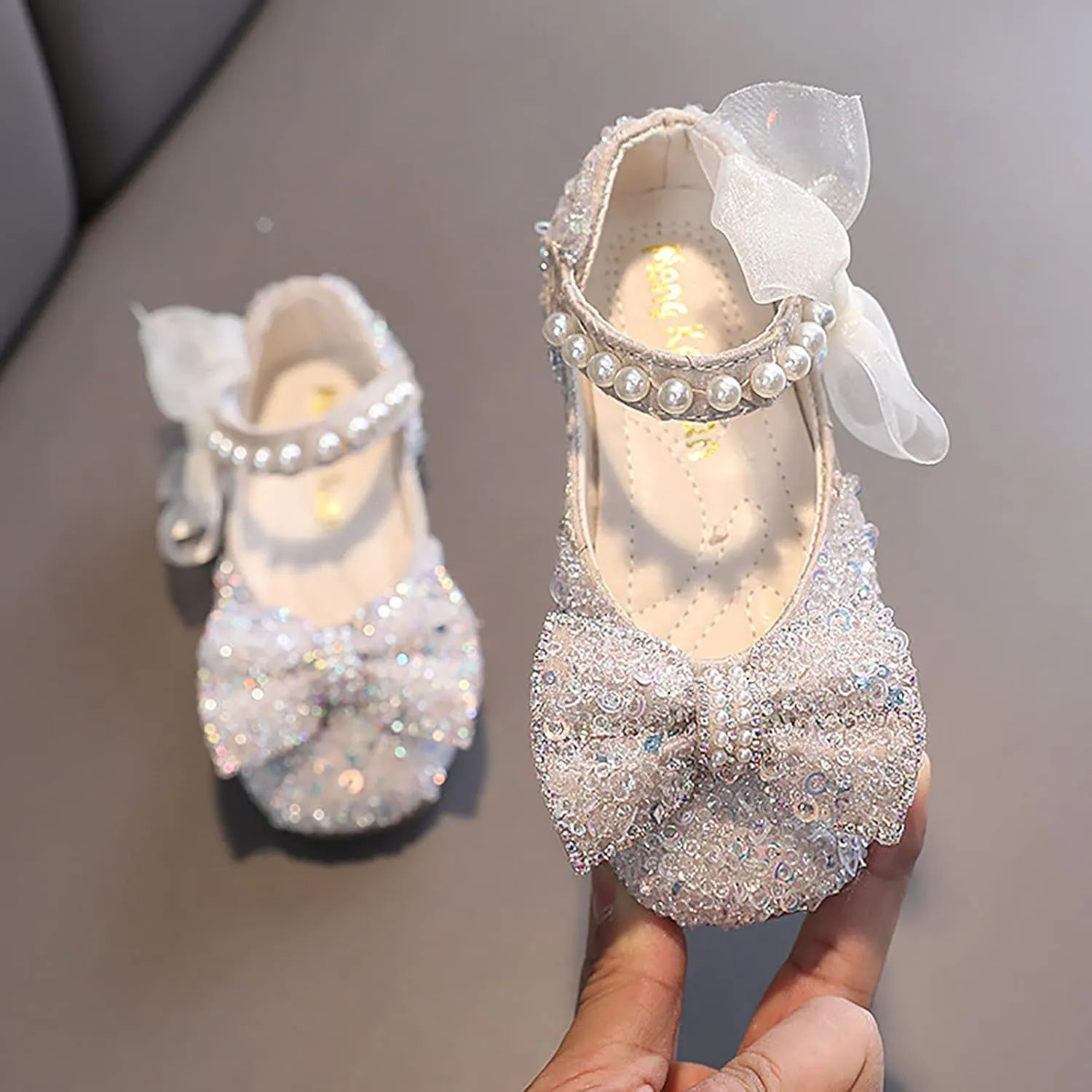 Toddler Girl Sandals, Childrens Girls Pearl Rhinestones Shining Princess Shoes for Party and Wedding Dancing Shoes
