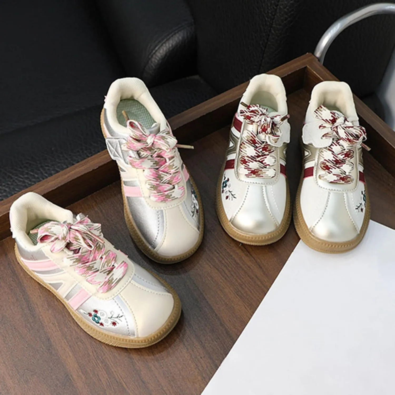 Toddler Kids Casual Sneakers Breathable Non-Slip Tennis Walking Shoes Embroidery Leather Suede Fabric Flats Sneakers