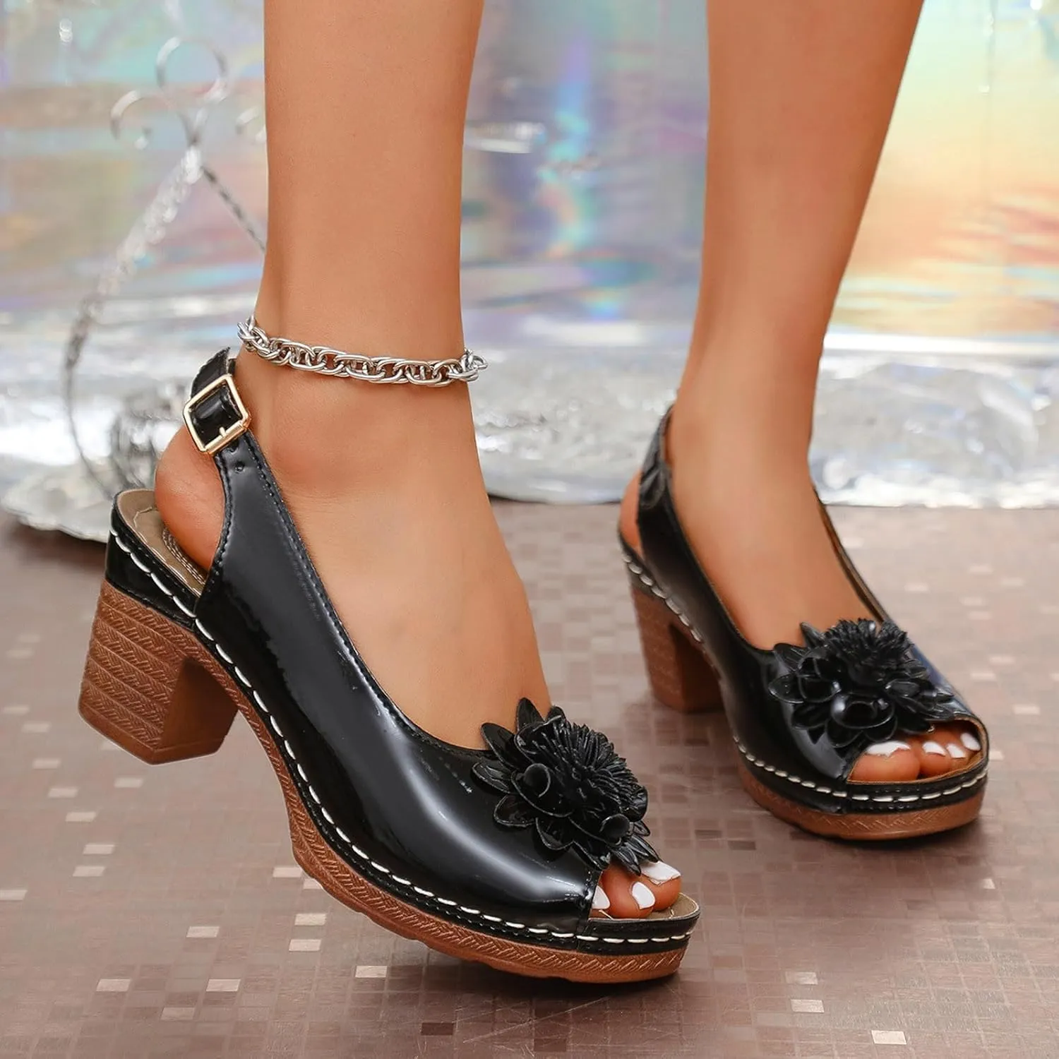 Wedge Sandals for Women Summer Dressy Open Toe Ankle Strap Slingback Chunky Block High Heeled Platform Sandal Summer Dress Pump Shoes