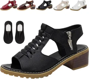 Wedges Sandals for Women,Dressy 2025 Open Toe Cutout Zipper Chunky Heeled Sandals Comfortable New Hollow Fish Mouth Slip On Summer Beach Boho Shoes Orthopedic Platform Wedges with Ankle Strap Sandal