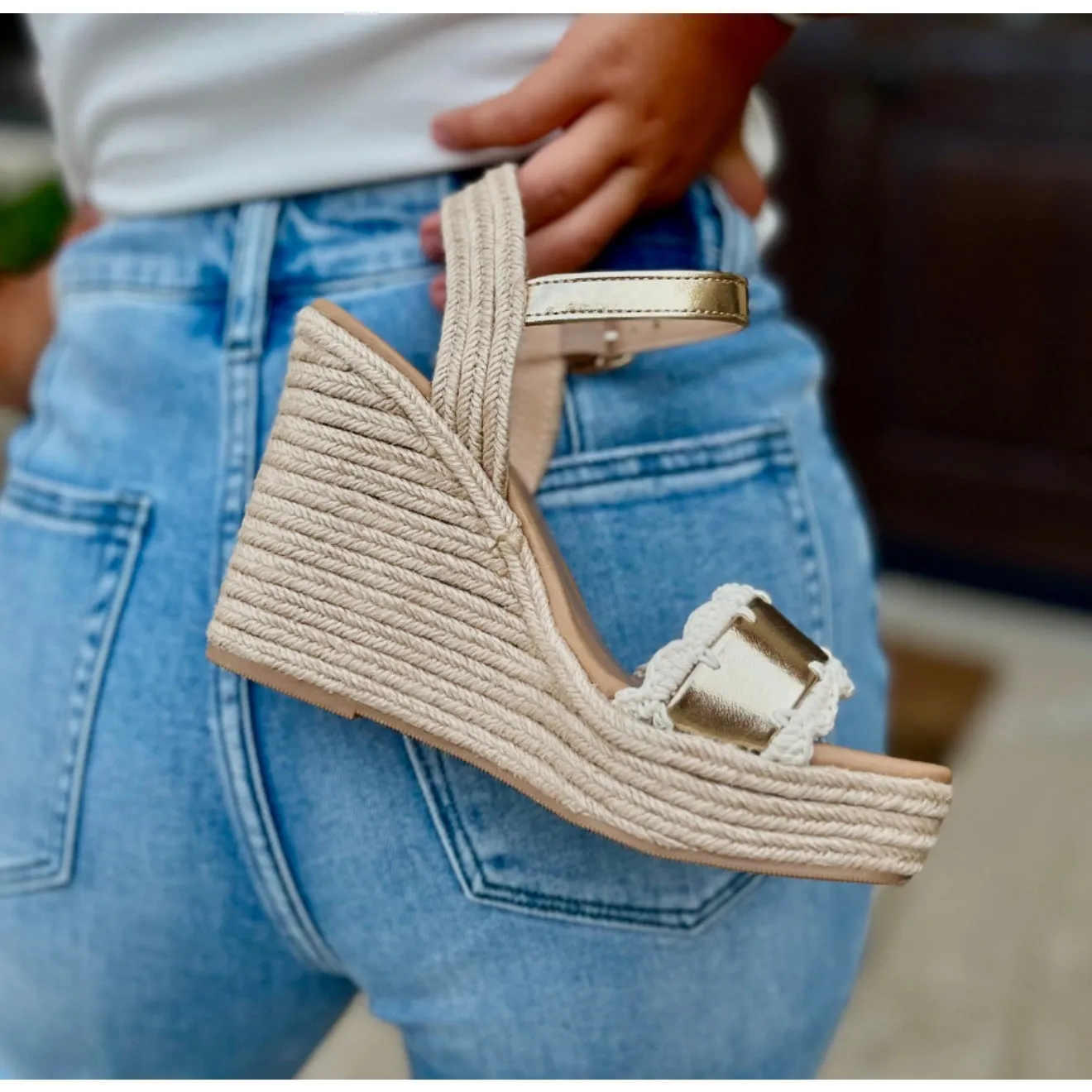 Whitney Crochet Laced Edge Gold Strap Wedges
