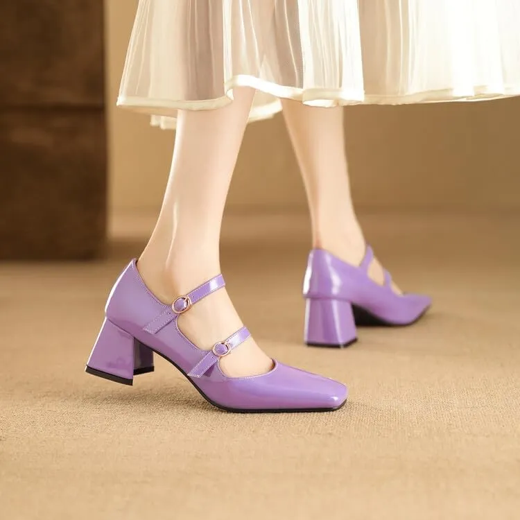 Women Chic Silver Pumps Patent Leather Double Strap Mary Jane Shoes with Block Heel