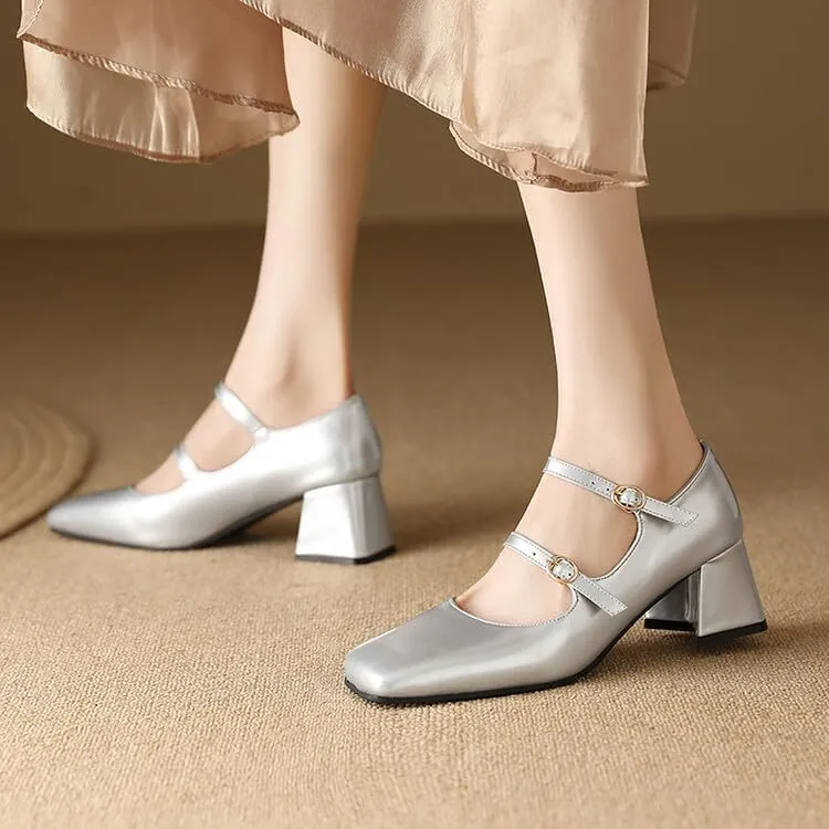 Women Chic Silver Pumps Patent Leather Double Strap Mary Jane Shoes with Block Heel