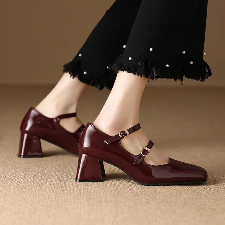 Women Chic Silver Pumps Patent Leather Double Strap Mary Jane Shoes with Block Heel