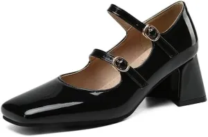 Women Chic Silver Pumps Patent Leather Double Strap Mary Jane Shoes with Block Heel
