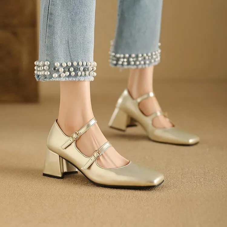 Women Chic Silver Pumps Patent Leather Double Strap Mary Jane Shoes with Block Heel