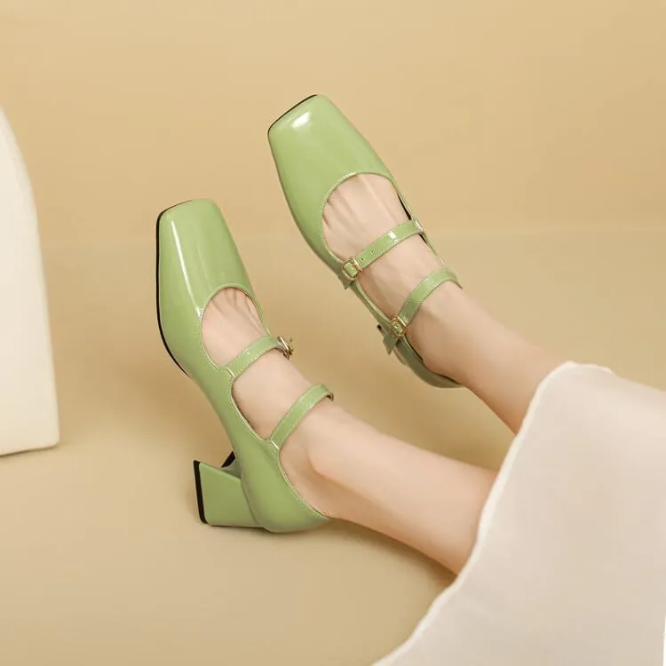 Women Chic Silver Pumps Patent Leather Double Strap Mary Jane Shoes with Block Heel