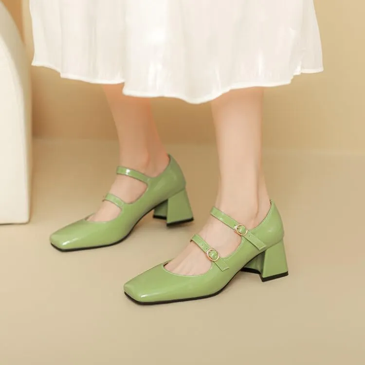 Women Chic Silver Pumps Patent Leather Double Strap Mary Jane Shoes with Block Heel