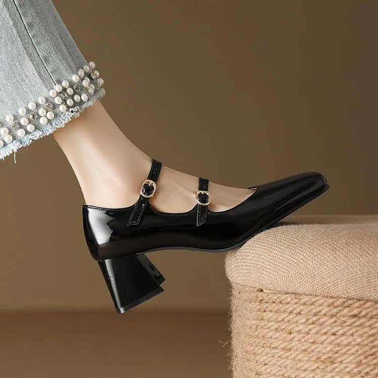 Women Chic Silver Pumps Patent Leather Double Strap Mary Jane Shoes with Block Heel