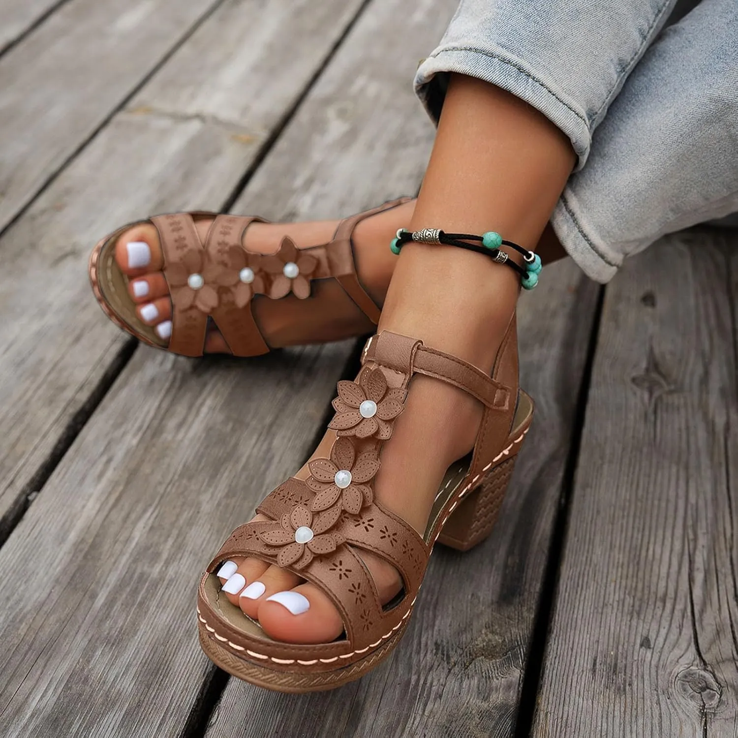 Women's Chunky Block Low Heels Open Toe Ankle Strap Mid Heeled Sandals Flower Fashion Hollow Out Solid Color Summer Casual Sandals Beach Walking Vacation Wedding Party Dress Shoes