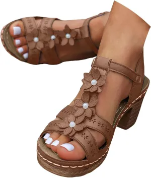 Women's Chunky Block Low Heels Open Toe Ankle Strap Mid Heeled Sandals Flower Fashion Hollow Out Solid Color Summer Casual Sandals Beach Walking Vacation Wedding Party Dress Shoes