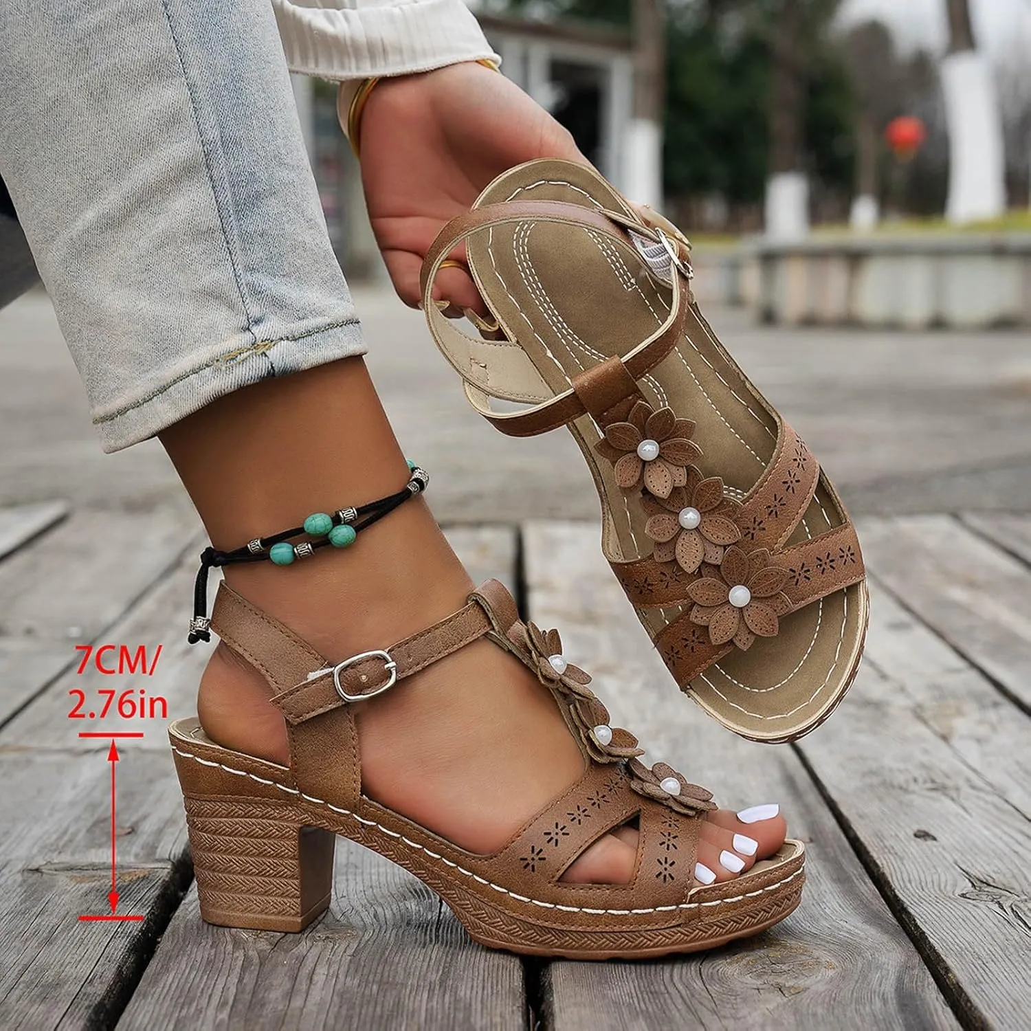 Women's Chunky Block Low Heels Open Toe Ankle Strap Mid Heeled Sandals Flower Fashion Hollow Out Solid Color Summer Casual Sandals Beach Walking Vacation Wedding Party Dress Shoes